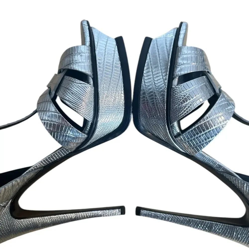 Saint Laurent Tribute Silver Embossed Leather Platform High Heel Sandals 39.5 - Picture 6 of 13